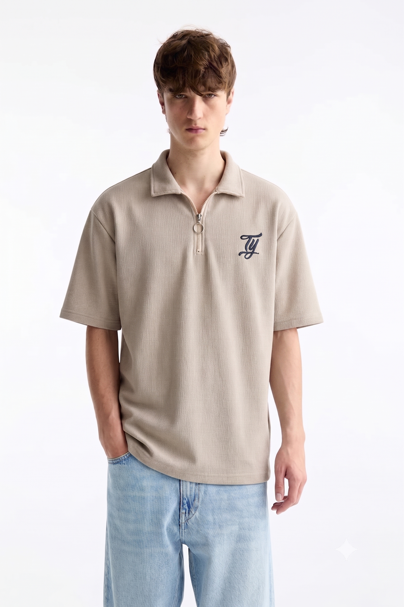 Ty Embroidered Half-Zip â€” Grey, on model